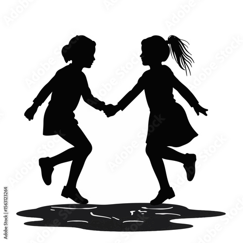 Girls joyfully jumping in puddles, carefree childhood fun