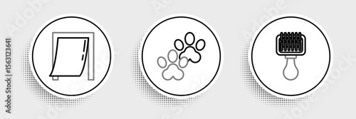 Set line Hair brush for dog and cat, Door pet and Paw print icon. Vector