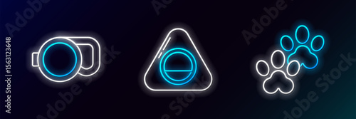 Set line Paw print, Retractable cord leash and Pet bed icon. Glowing neon. Vector