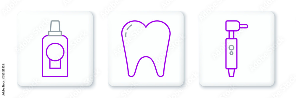 Set line Tooth drill, Mouthwash plastic bottle and icon. Vector Set line Tooth drill, Mouthwash plastic bottle and icon. Vector