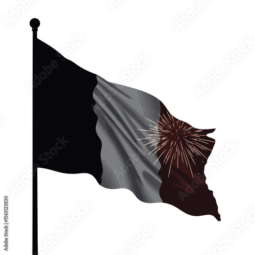 Silhouette of French flag with fireworks in black and white, celebration
