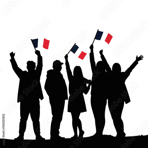 Group of friends cheering with French flags in silhouette, celebration
