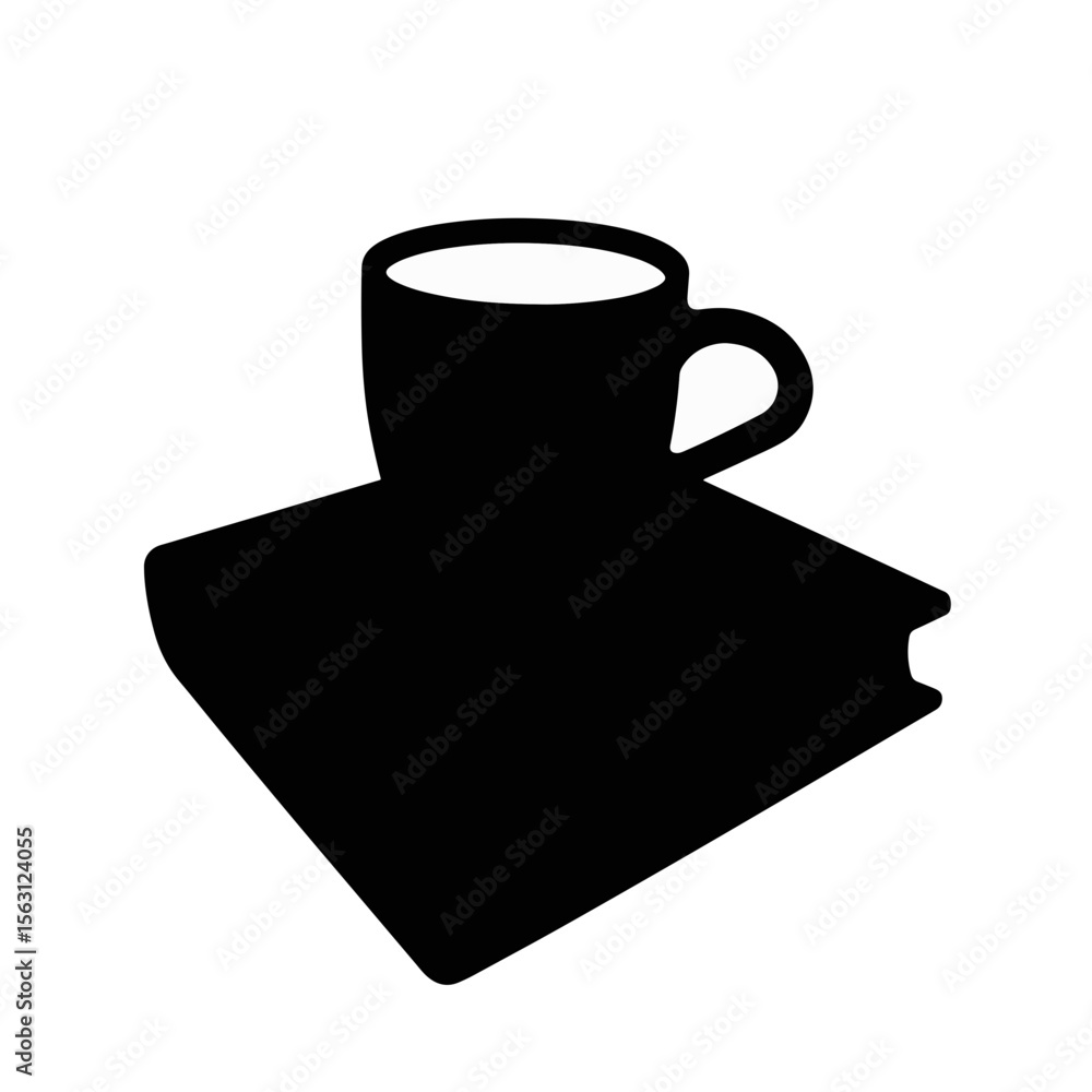 Silhouette of mug and book on white background, cozy symbolism Silhouette of mug and book on white background, cozy symbolism