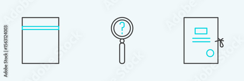 Set line Lawsuit paper, Plastic bag with ziplock and Magnifying glass search icon. Vector