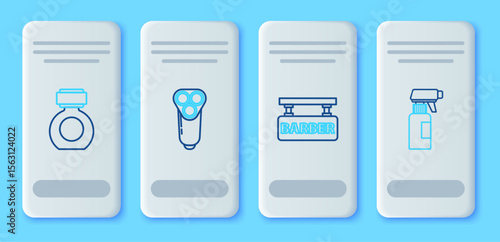 Set line Electric razor blade for men, Barbershop, Aftershave and Hairdresser pistol spray bottle icon. Vector