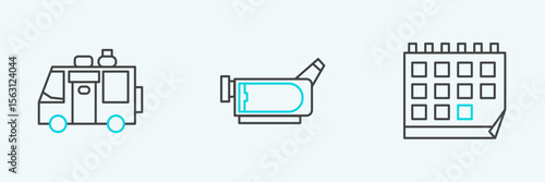 Set line Calendar, Rv Camping trailer and Cinema camera icon. Vector