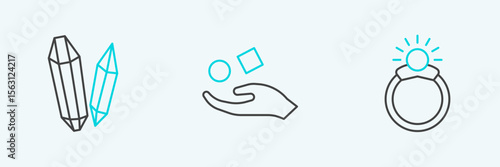 Set line Magic stone ring with gem, and Cube levitating above hand icon. Vector