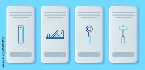 Set line Wood plane tool, Wrench spanner, Ruler and Hammer icon. Vector