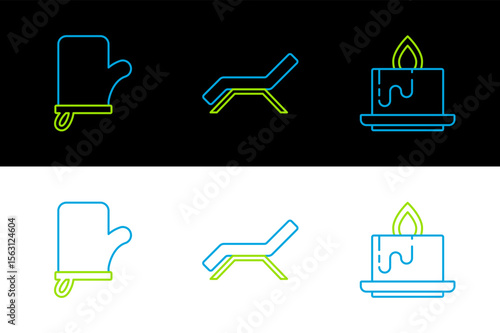 Set line Aroma candle, Sauna mittens and Sunbed umbrella icon. Vector