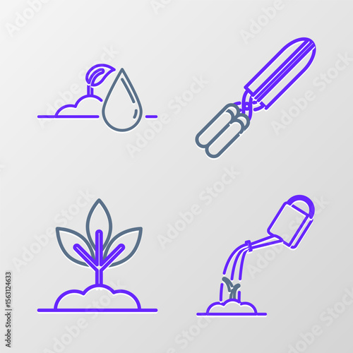 Set line Watering can with water, Plant, Gardening handmade scissors for trimming and sprout icon. Vector