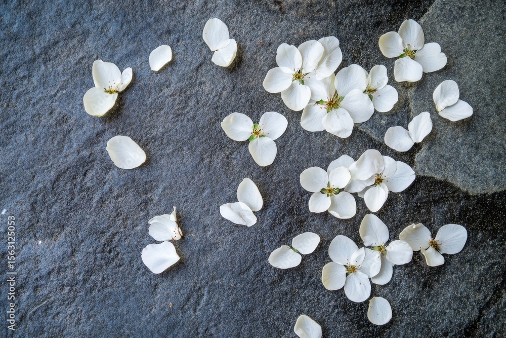 Scattered white blossoms and petals on a textured gray stone surface creating a natural pattern Scattered white blossoms and petals on a textured gray stone surface creating a natural pattern