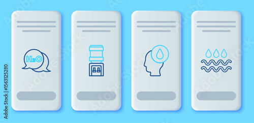 Set line Water cooler, drop, Chemical formula for H2O and Wave with water icon. Vector