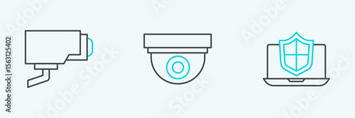 Set line Laptop protected with shield, Security camera and icon. Vector