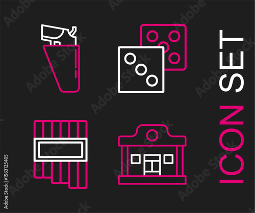 Set line Wild west saloon, Pan flute, Game dice and Revolver gun in holster icon. Vector