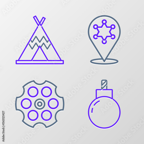 Set line Bomb ready to explode, Revolver cylinder, Hexagram sheriff and Indian teepee or wigwam icon. Vector