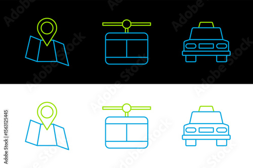 Set line Taxi car, Folded map with location and Cable icon. Vector