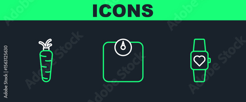 Set line Smart watch, Carrot and Bathroom scales icon. Vector