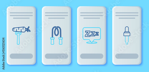 Set line Jump rope, Sleepy, Carrot on fork and Pipette with oil icon. Vector