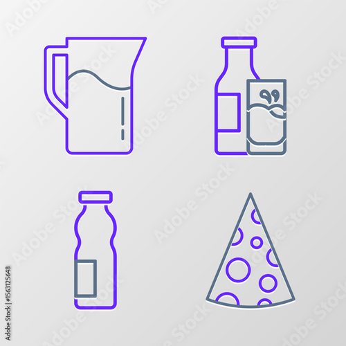 Set line Cheese, Drinking yogurt in bottle, Bottle milk and glass and Milk jug or pitcher icon. Vector