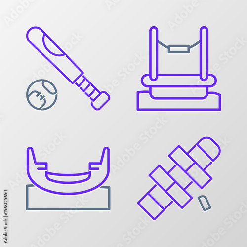 Set line Hopscotch, Boat swing, Bungee and Baseball bat with ball icon. Vector