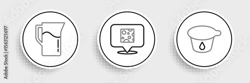 Set line Yogurt container, Milk jug or pitcher and Cheese icon. Vector