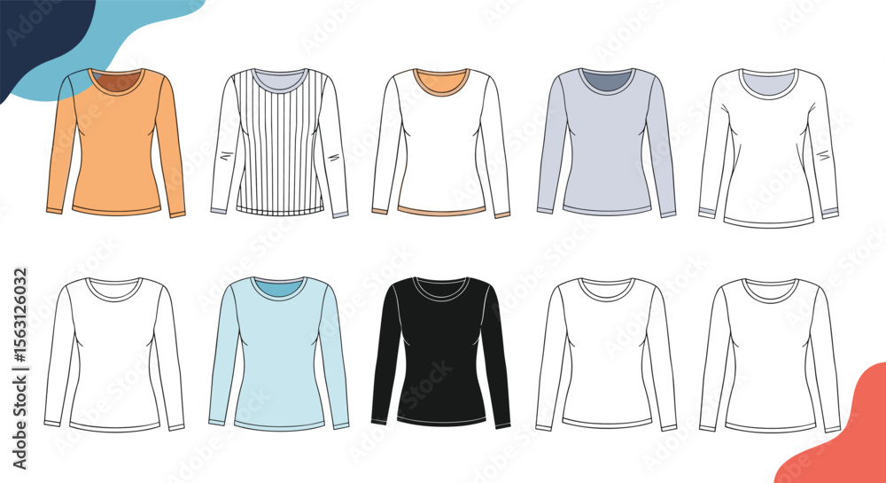 A collection of various long sleeve tops for women demonstrating different designs and colors including solid hues and patterns A collection of various long sleeve tops for women demonstrating different designs and colors including solid hues and patterns