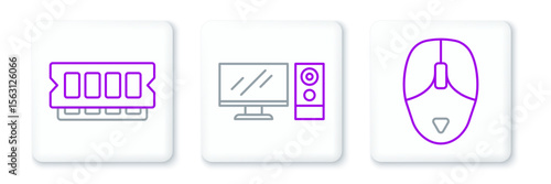 Set line Computer mouse, RAM, random access memory and monitor icon. Vector