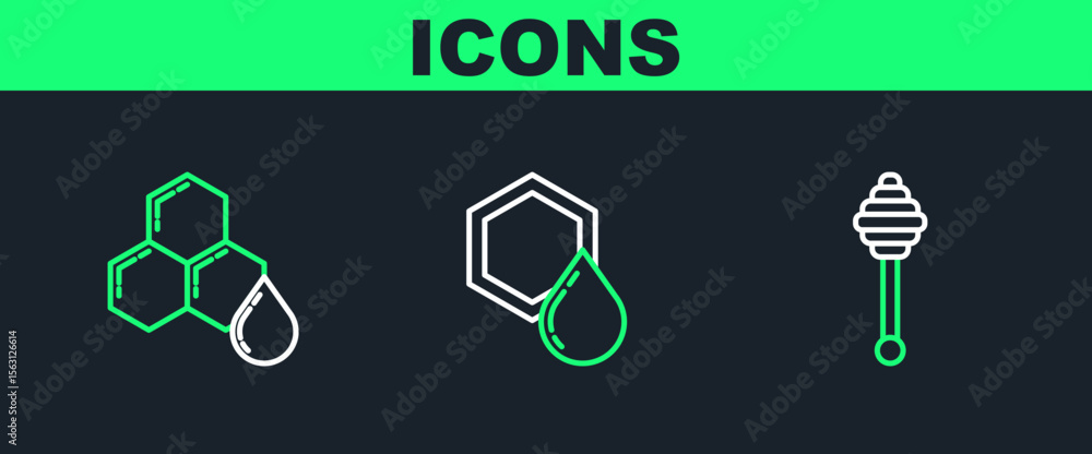 Set line Honey dipper stick, Honeycomb and icon. Vector Set line Honey dipper stick, Honeycomb and icon. Vector