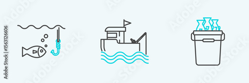 Set line Fishing bucket with fishes, hook under water and boat fishing rod on icon. Vector