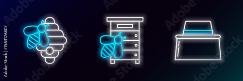 Set line Beekeeper with protect hat, Hive for bees and icon. Glowing neon. Vector