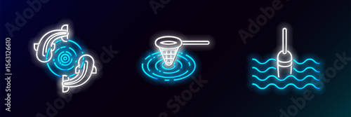 Set line Fishing float in water, and net icon. Glowing neon. Vector