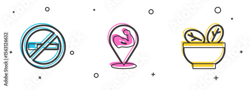 Set No Smoking, Bodybuilder muscle and Salad bowl icon. Vector