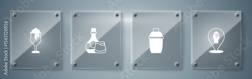 Set Alcohol or beer bar location, Cocktail shaker, Whiskey bottle and glass and Glass of. Square glass panels. Vector