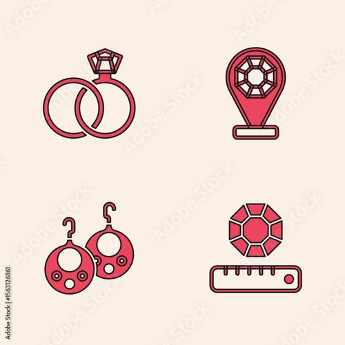 Set Gem stone, Wedding rings, Jewelry store and Earrings icon. Vector