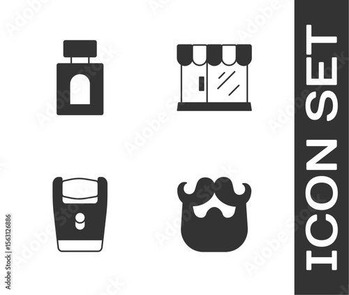 Set Mustache and beard, Aftershave, Electric razor blade and Barbershop building icon. Vector