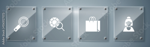 Set Consultant of jewelry store, Shopping bag, Gem stone and Magnifying glass. Square glass panels. Vector