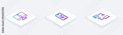 Set Isometric line Video chat conference, Mute microphone mobile and Online working. White square button. Vector