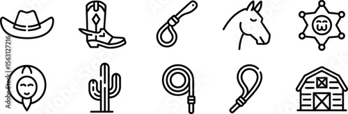 Cowboy and Wild West Outline Icon Set Featuring Hat, Boots, Lasso, Horse, Sheriff Badge, Cactus, Barn and More