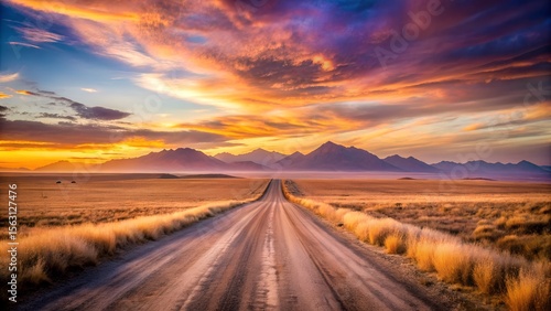 A long, winding dirt road stretches towards majestic mountains under a breathtaking sunset sky, promising a scenic journey into the vast and peaceful countryside