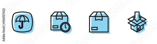 Set line Carton cardboard box, Delivery package with umbrella, Cardboard clock and icon. Vector