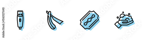 Set line Blade razor, Hair clipper, Straight and Shaving foam on hand icon. Vector