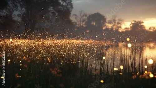 Field of glowing lights by a lake at sunset