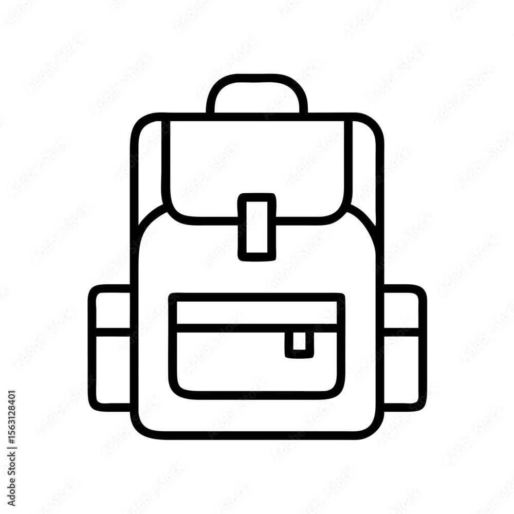 Minimalist black and white outline illustration of a classic backpack style bag Minimalist black and white outline illustration of a classic backpack style bag