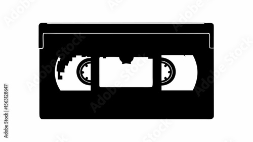 A black and white illustration of a vhs tape with two reels and a rectangular housing on a white background