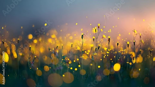 Field of glowing flowers at dusk