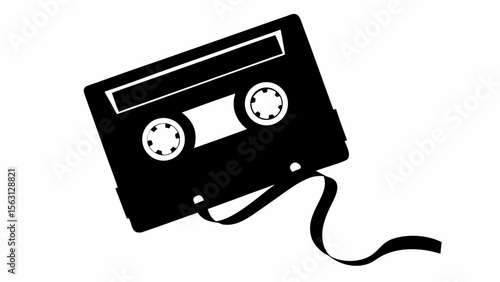 Illustration of a black audio cassette tape with loose tape on a white background in monochrome style