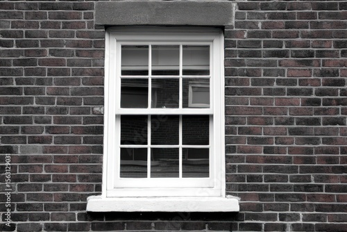 White window sash on dark brick wall building exterior architectural detail