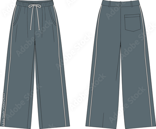 Flat lay vector illustration of women's wide-leg track pants with side stripes and drawstring waist, ideal for fashion design, activewear mockups, and e-commerce apparel templates