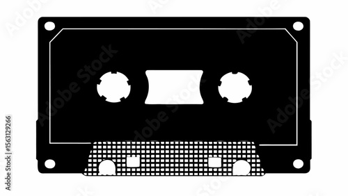 Illustration of a black audio cassette tape with spindles and a textured bottom edge on a white background