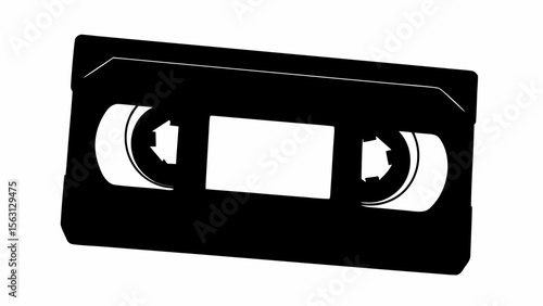 A black and white illustration of a vhs tape cassette with reels and a rectangular label area in the center